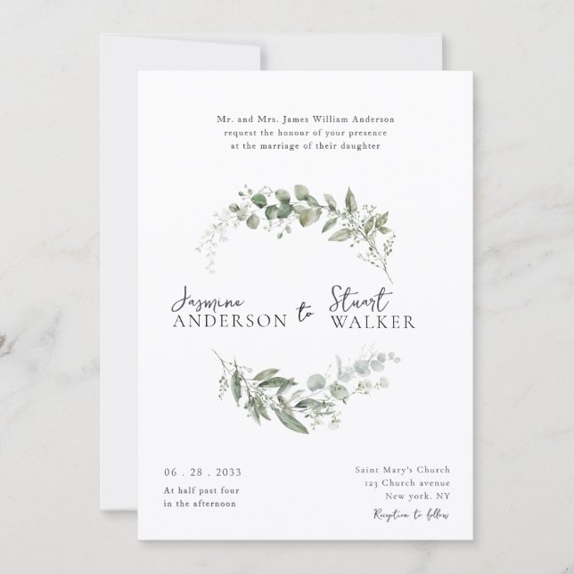 Invitación simple fun Eucalyptus Wreath Greenery Wedding  (Anverso)