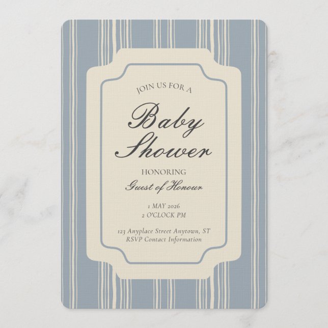 Invitación Simple Gender Neutral Geometric Stripe Blue Beige (Anverso)