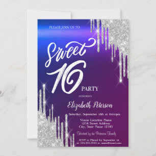 Invitación Simple Glitter Plateado Ombre Sweet 16 