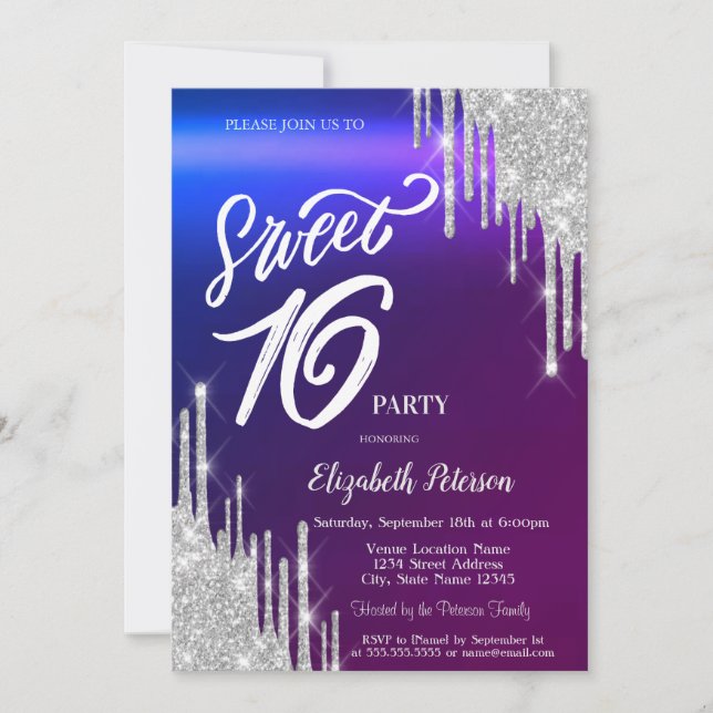 Invitación Simple Glitter Plateado Ombre Sweet 16  (Anverso)