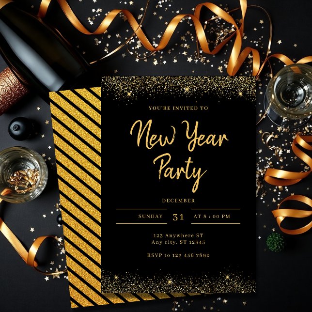 Invitación Simple Gold and Black Sparkle New Year Party (Subido por el creador)