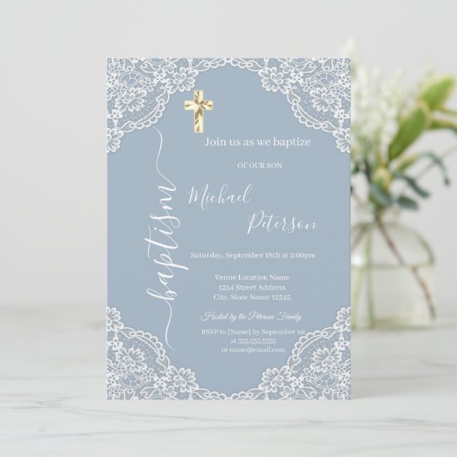 Invitación Simple Gold Cross Lace Baptism Dusty Blue (Anverso de pie)