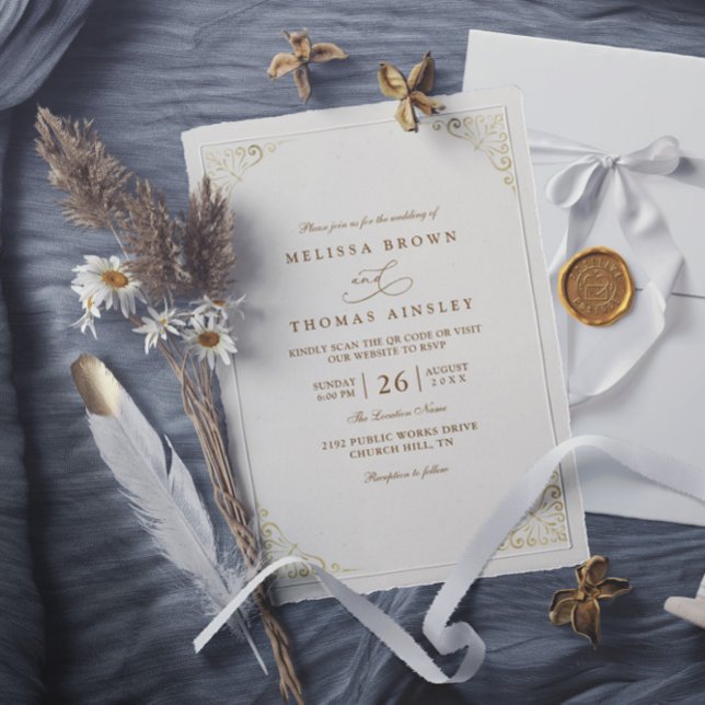 Invitación Simple Gold Minimalis Elegant Chic QR Code Wedding (Subido por el creador)