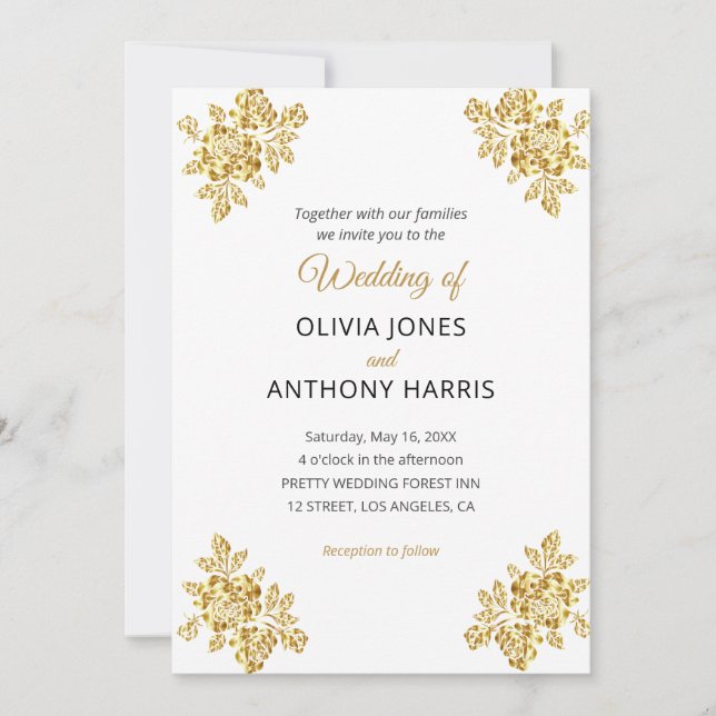 Invitación Simple Gold Roses Elegant Modern Floral Wedding  (Anverso)