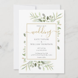 Invitación Simple Gold Script Verde Hojas Boda  