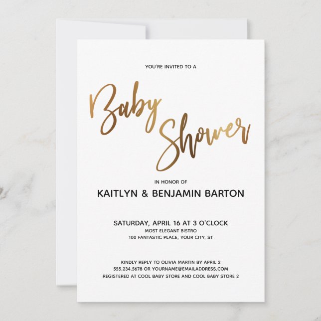 Invitación Simple Gold Typography Baby Shower (Anverso)