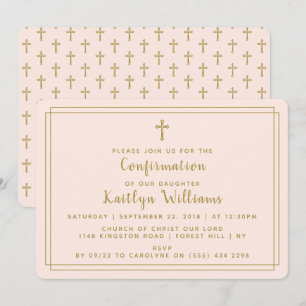 Invitación Simple Gold y Rubor Pink Holy Cross Confirmation