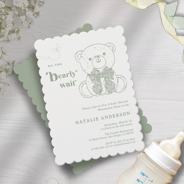 Invitación Simple Green Bow Podemos Esperar A Baby Shower (Simple Green Bow We Can Bearly Wait Baby Shower Invitation)