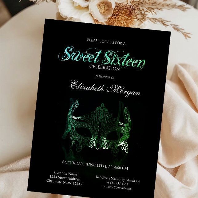 Invitación Simple Green Masque Black Sweet 16 (Subido por el creador)