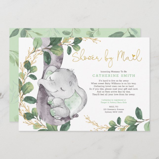 Invitación Simple Greeneration Gold Elephant Baby Shower Por  (Anverso / Reverso)