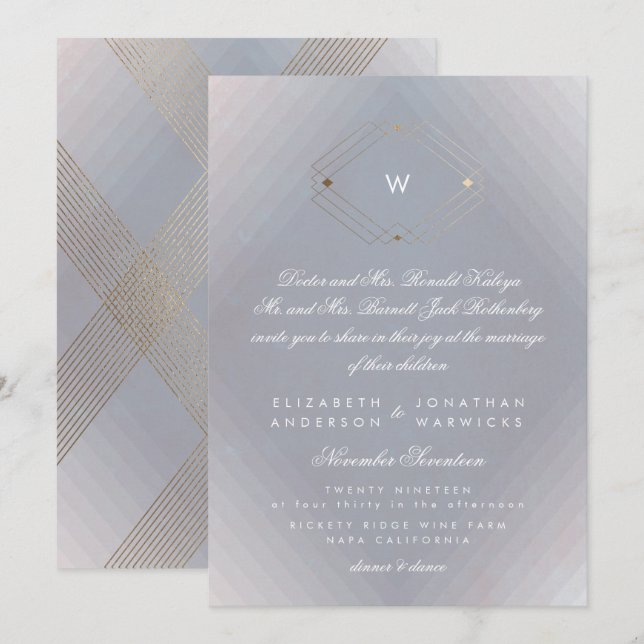 Invitación Simple Gris Moderno Monograma Script Gold (Anverso / Reverso)