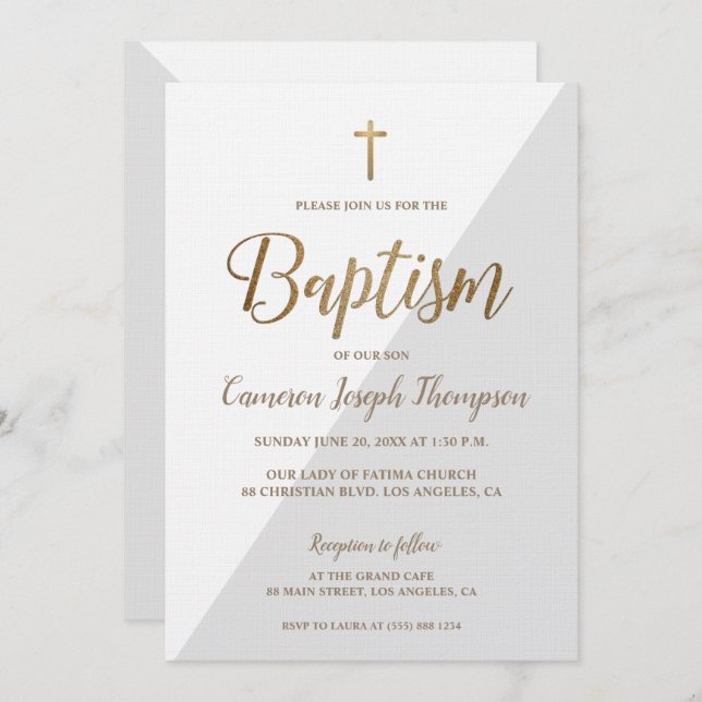 Invitación Simple Gris Oro Blanco Bautismo moderno (Anverso / Reverso)