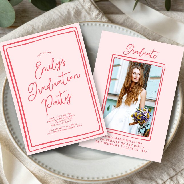Invitación Simple Hand Drawn Graduation Party Photo Pink (Subido por el creador)