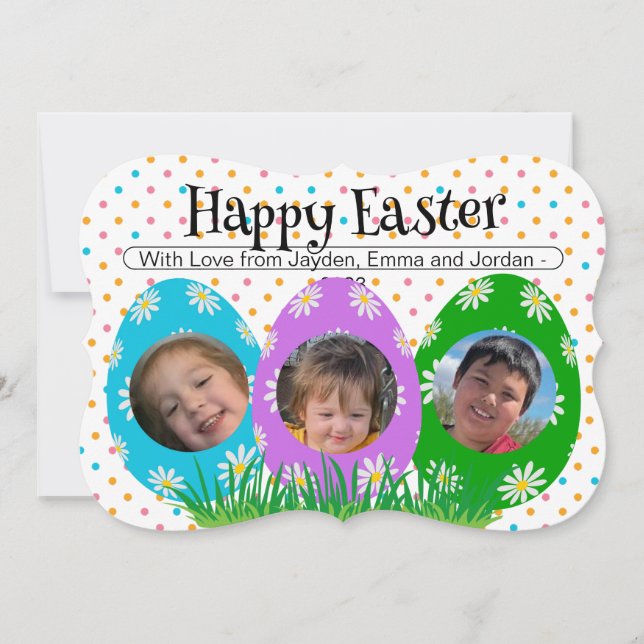 Invitación Simple Happy Easter Photo Flower Eggs x3 Card (Anverso)