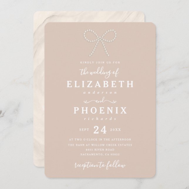 Invitación Simple Heirloom Pink Pearl Bow Trendy Wedding (Anverso / Reverso)