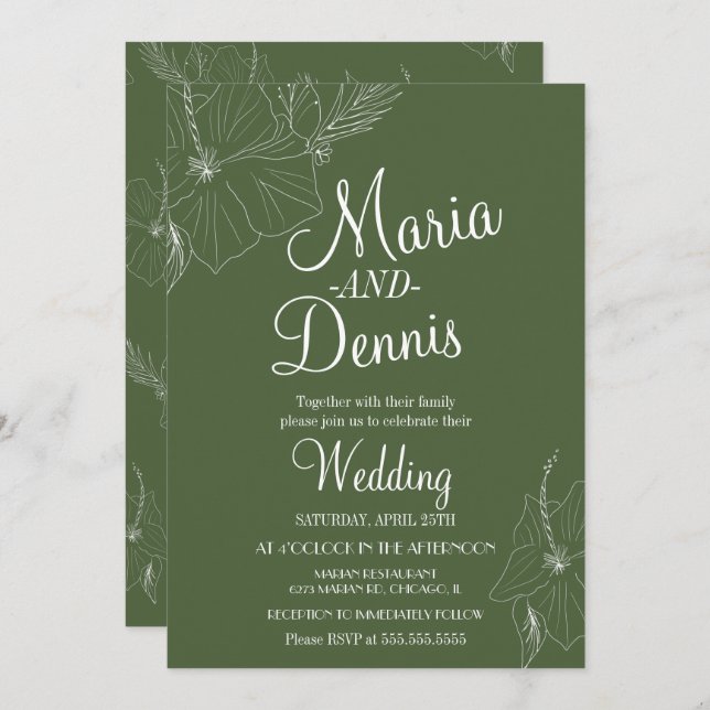 Invitación Simple HibiscusTropical Line Green (Anverso / Reverso)