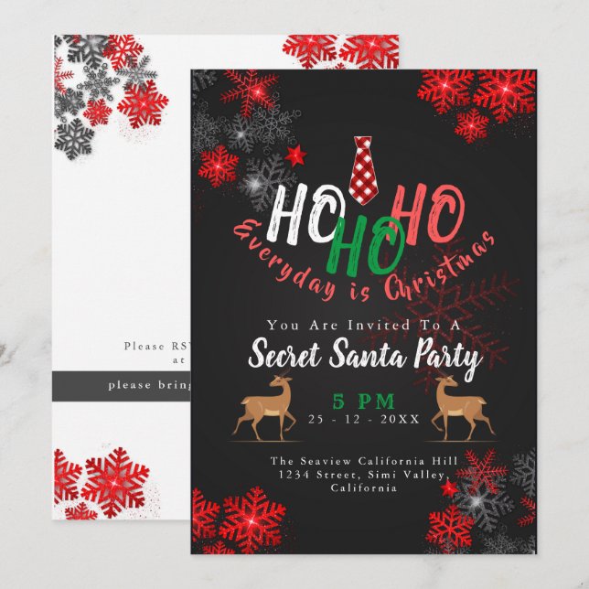Invitación Simple HO Red & Black Snowflakes Navidades Santa (Anverso / Reverso)