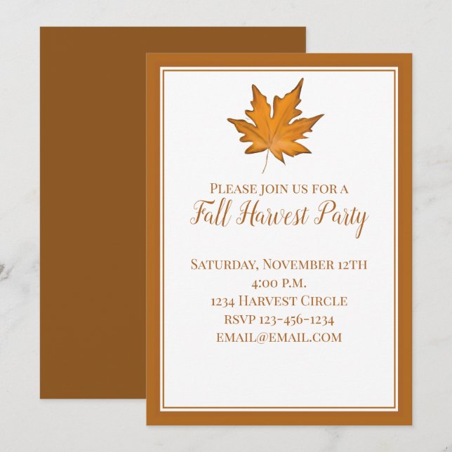 Invitación Simple Hoja de Arce Otoñal Marrón (Anverso / Reverso)