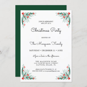Invitación Simple Holly Berry Ivy deja Fiesta a Navidades