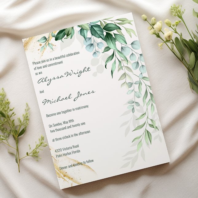 Invitación Simple ivory gold greenery leaf floral Wedding  (Simple ivory gold greenery leaf floral Wedding )