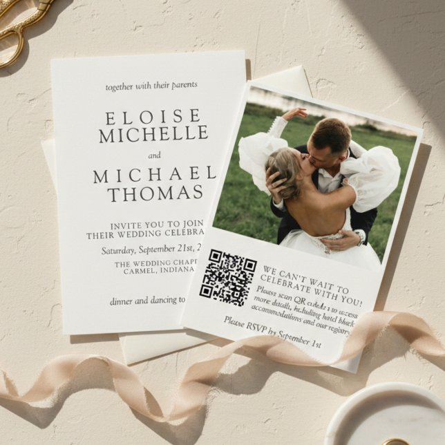 Invitación Simple Ivory Photo Classic QR Code Wedding (Simple Ivory Photo Classic QR Code Wedding Invitation)