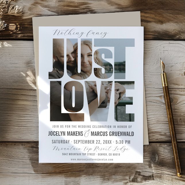 Invitación Simple Just Love Photo Words Diversión Boda modern (Unique Casual minimalist wedding invitation with photo inside JUST LOVE bride & groom photo frame)