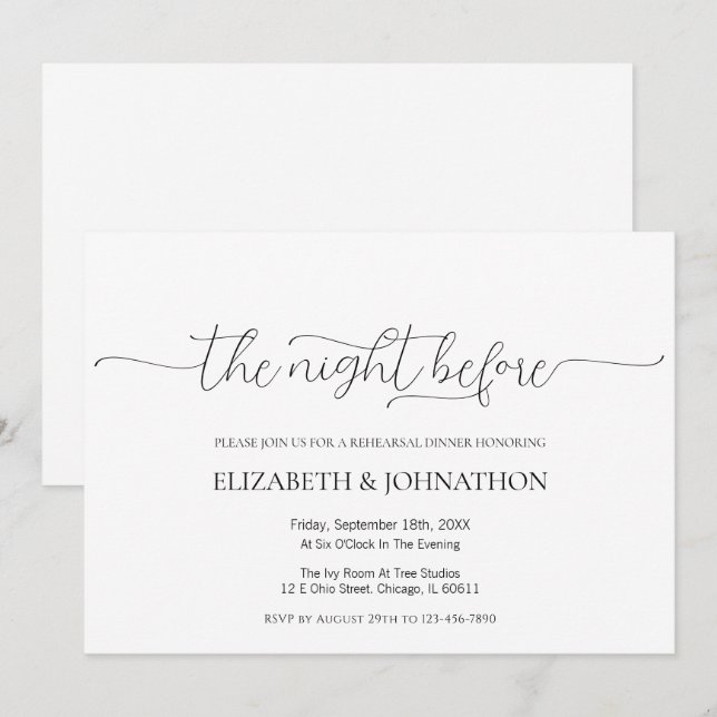 Invitación Simple La Noche Antes Del Ensayo Del Boda (Anverso / Reverso)