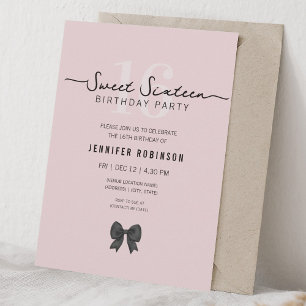 Invitación Simple Lazo Coqueta Dulces 16 Dieciséis Rosa Rosad