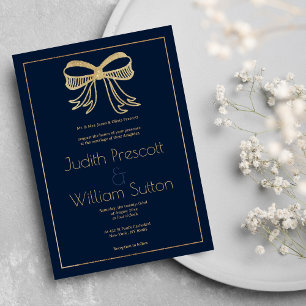 Invitación Simple lazo de cinta de purpurina dorada azul mari