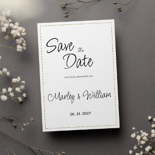 Invitación Simple línea discontinua de oro blanco negro Save
