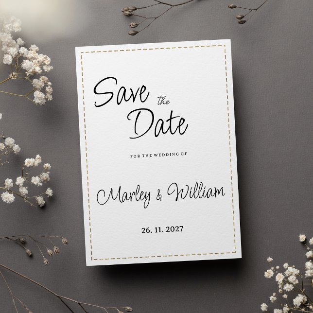 Invitación Simple línea discontinua de oro blanco negro Save  (Simple black white gold dashed line Save the Date )