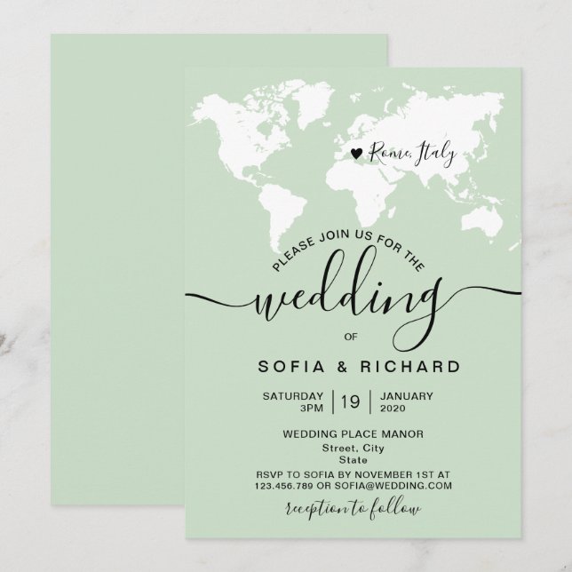 Invitación Simple Mapa Mundial de Acuarela de Boda de Destino (Anverso / Reverso)
