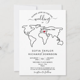Invitación Simple Mapa Mundial de Destino de Boda Minimalista