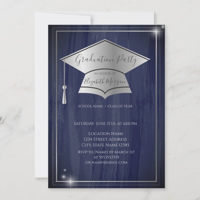 Invitación Simple Marco Gorra de Graduación de Plata,Graduaci (Anverso)