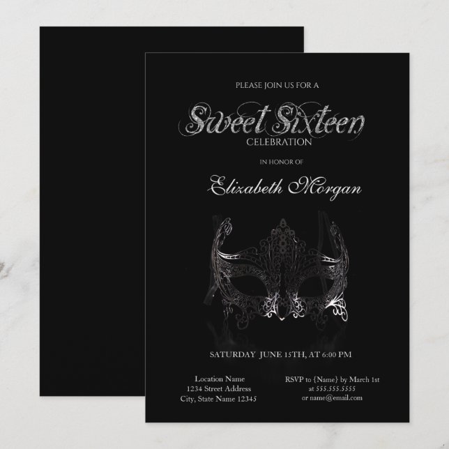 Invitación Simple Mascarilla de Plata Negra Dulces 16 (Anverso / Reverso)