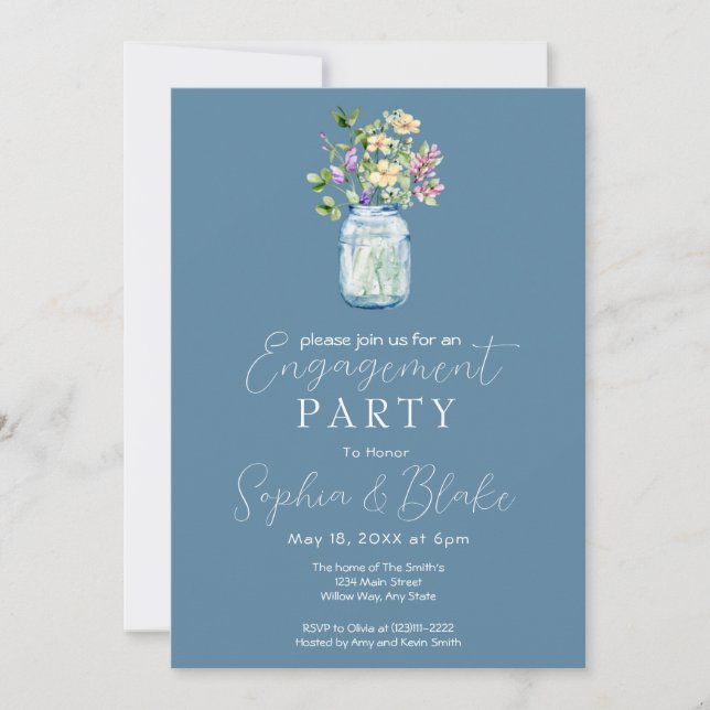 Invitación Simple Mason Jar Bouquet Blue Engagement Party (Anverso)