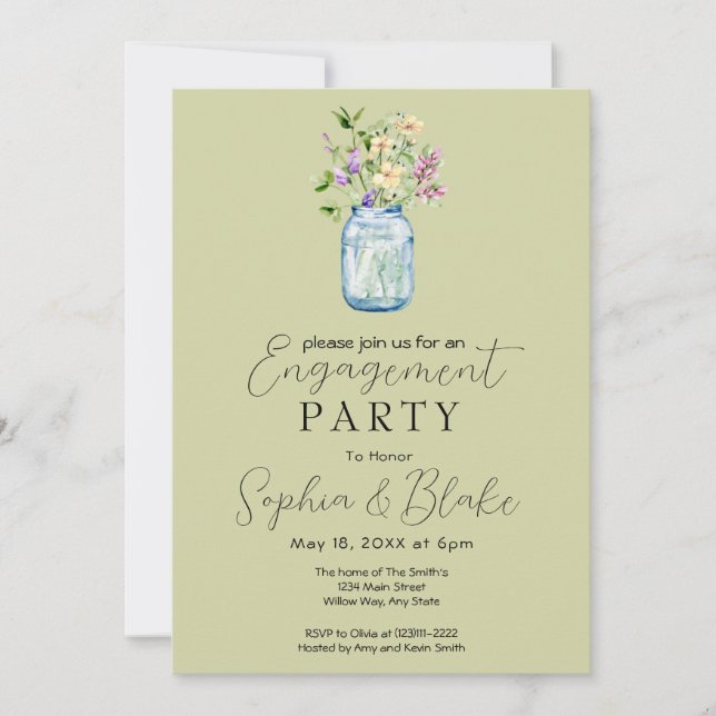 Invitación Simple Mason Jar Bouquet Green Engagement Party (Anverso)