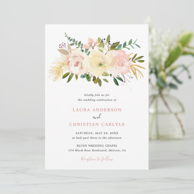Invitación Simple matrimonio elegante de flores rosadas de Ru (Anverso de pie)