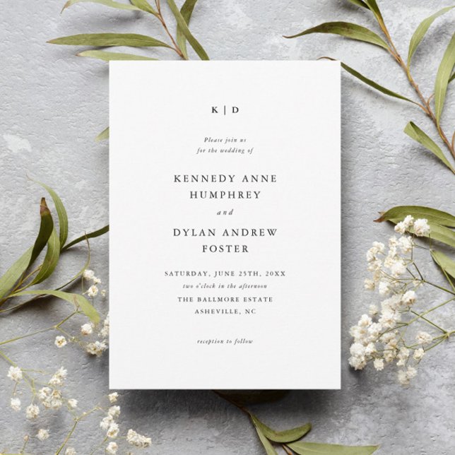 Invitación Simple matrimonio elegante en blanco y negro (Simple black and white wedding invitation with classic monogram and minimalist typography.)