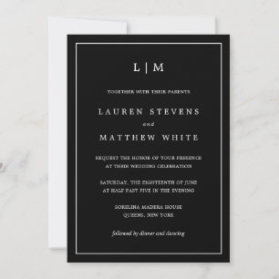 Invitación Simple matrimonio elegante monograma negro