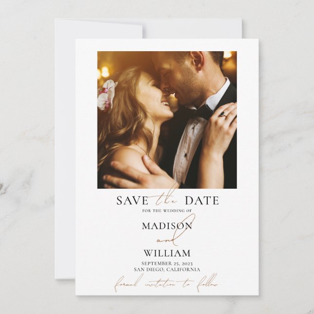 Invitación Simple matrimonio fotográfico blanco salva la fech (Anverso)