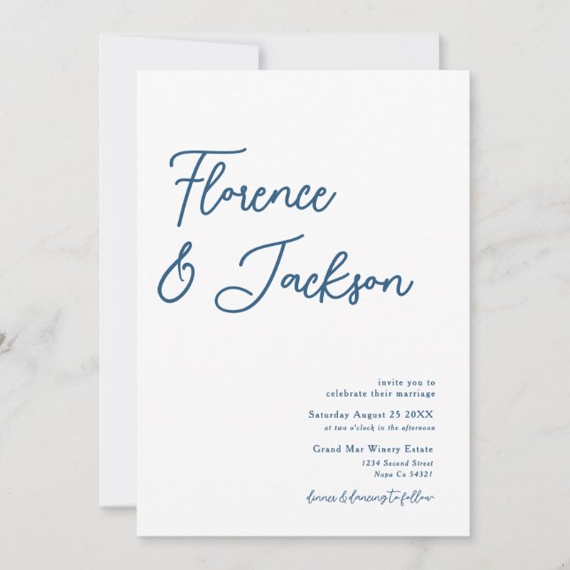 Invitación Simple Minimal Handwritten Wedding Photo Blue  (Anverso)
