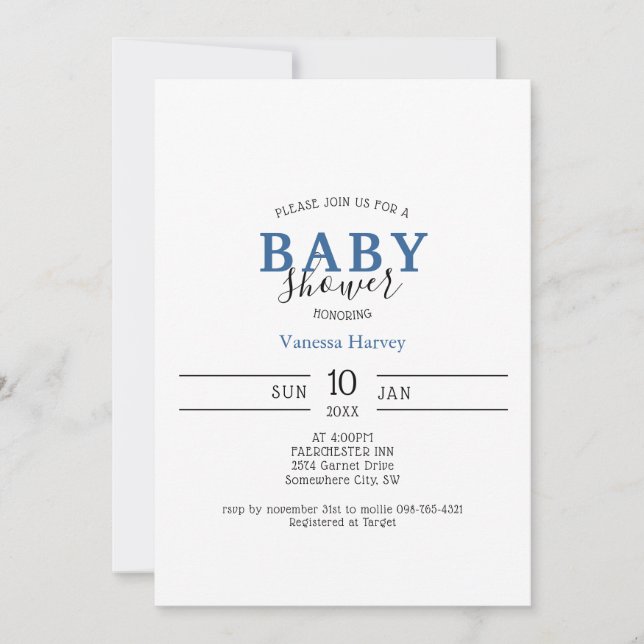 Invitación simple Minimalista a Baby Shower (Anverso)