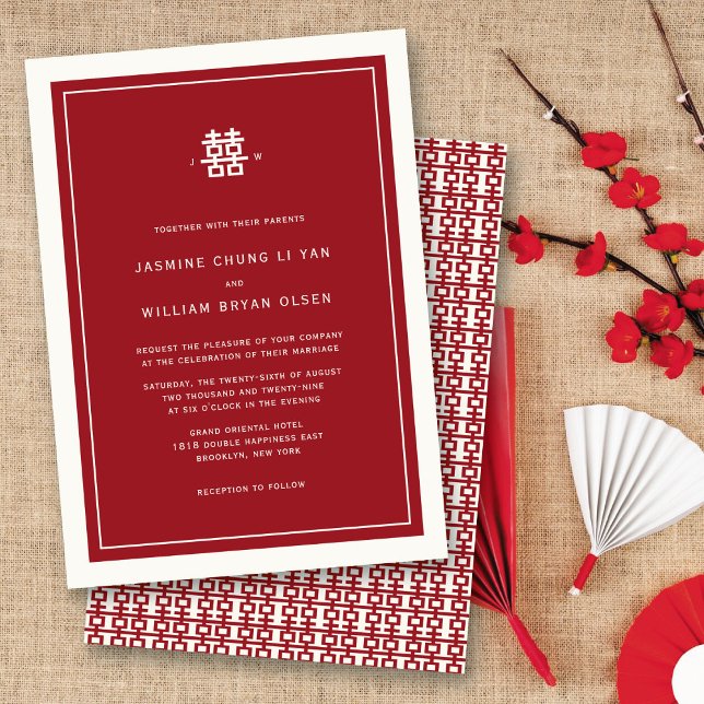 Invitación Simple Minimalista doble felicidad Boda chino (Modern Minimalist Red/Ivory Double Happiness Chinese Wedding Invitation @ fatfatin_red_knot)