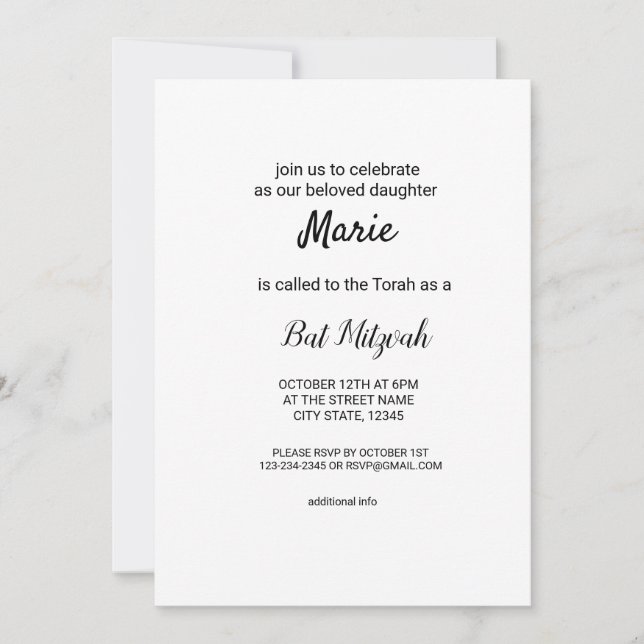 Invitación simple mínimo blanco clásico edi bat mitzvah (Anverso)