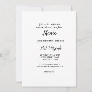 Invitación simple mínimo blanco clásico edi bat mitzvah