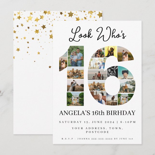 Invitación simple mirada quién es el cumpleaños de 16 Collage (Anverso / Reverso)
