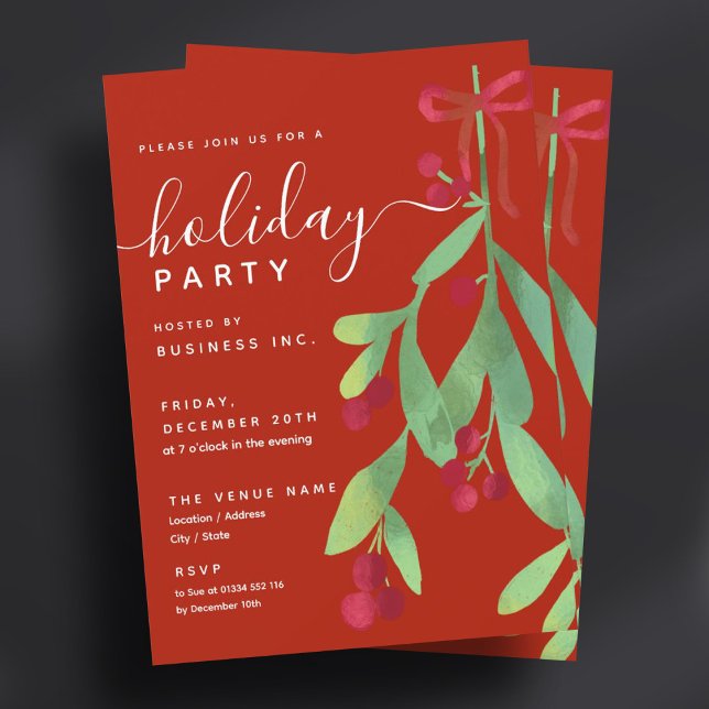 Invitación Simple MistletoCorporate Xmas Fiesta Red (Simple Mistletoe Corporate Xmas Party Red Invitation)