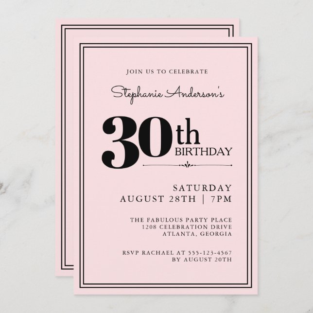 Invitación Simple Moda moderna rosa y negro 30 cumpleaños (Anverso / Reverso)