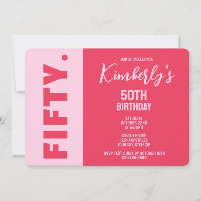 Invitación Simple Modern Bold Pink & Red 50th Birthday (Anverso)